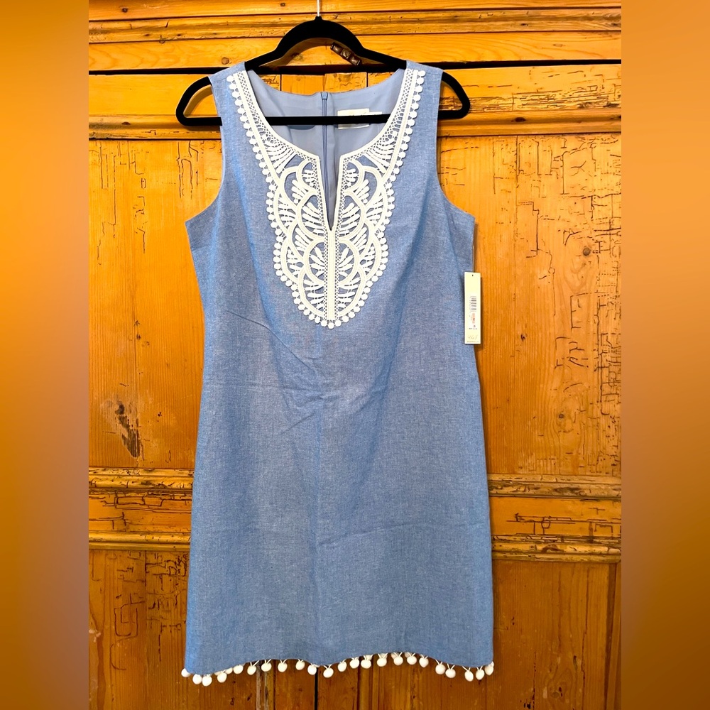 NWT Eliza J Dress size 12 Chambray Blue Pom Pom hem embroidered sleeveless shift